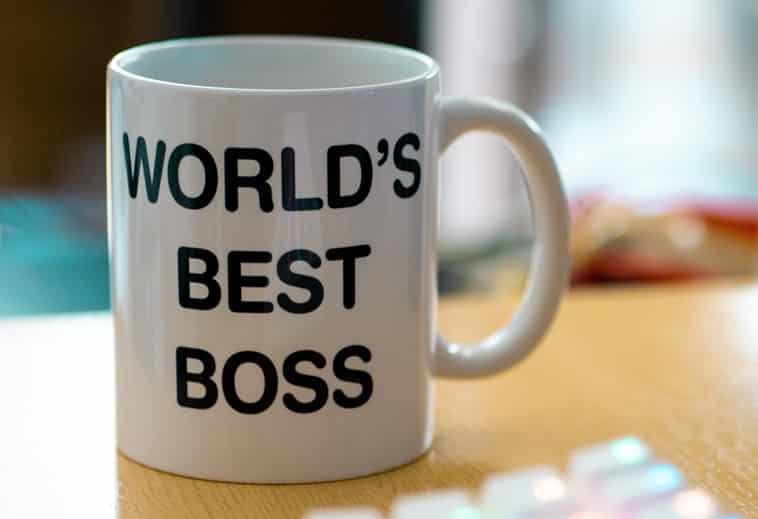 A mug with 'Worlds Best Boss' written on it.