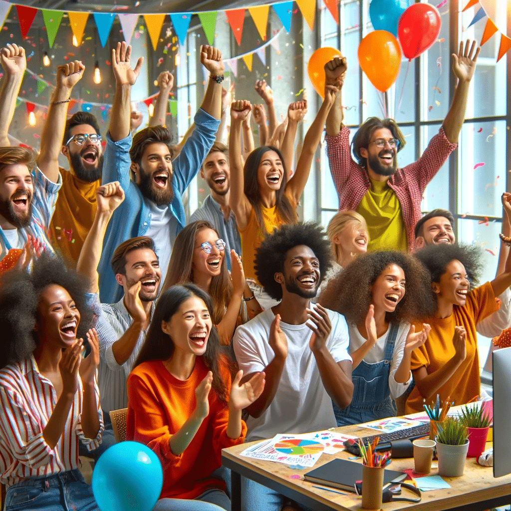 Creating agile teams - image depicting a vibrant and joyful celebration in a modern startup office. The diverse team is captured in a moment of triumph and happiness, celebrating their recent success.