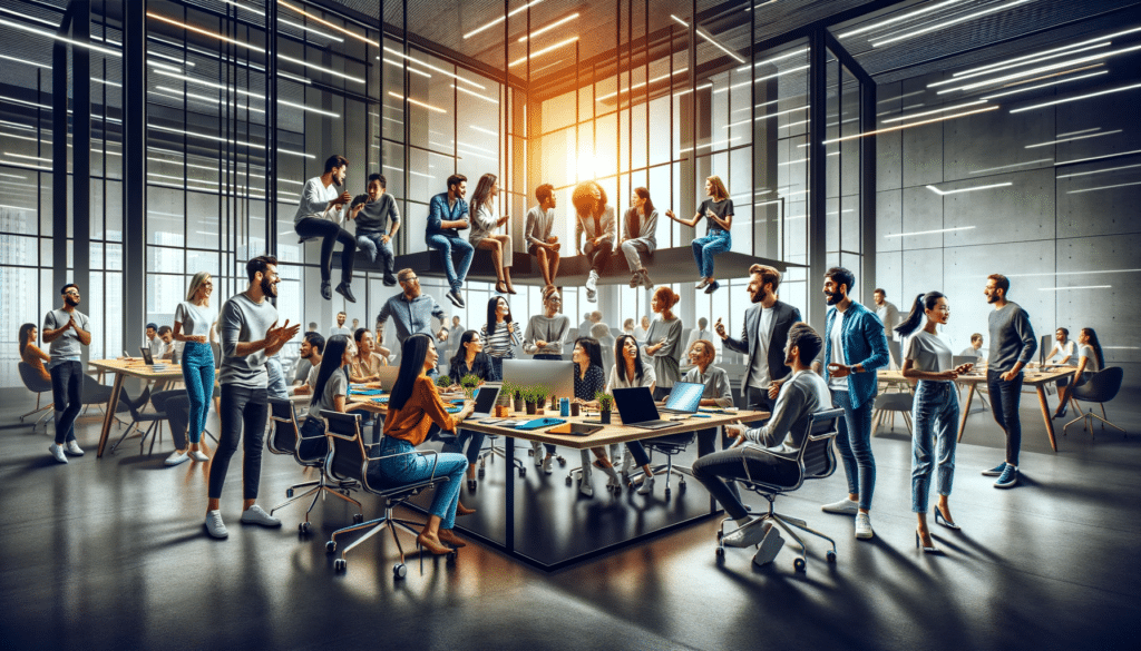 Creating Agile Teams - A panoramic banner images that capture the dynamic spirit of a startup environment, featuring a diverse group of team members actively engaged in a brainstorming session in a modern, open-plan office.