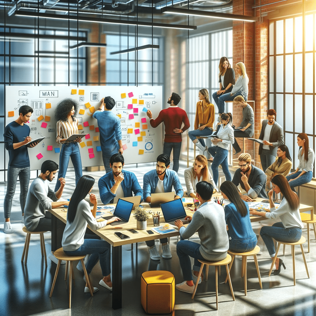Creating agile teams - image depicting a diverse startup team in a modern, well-lit office, engaged in a brainstorming session. The atmosphere is vibrant, creative, and dynamic.