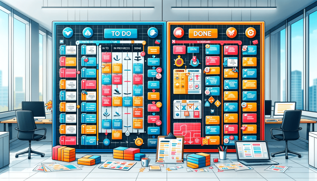 Creating agile teams - illustration showcasing Agile methodologies with a focus on Scrum and Kanban boards, set in a sleek office environment.