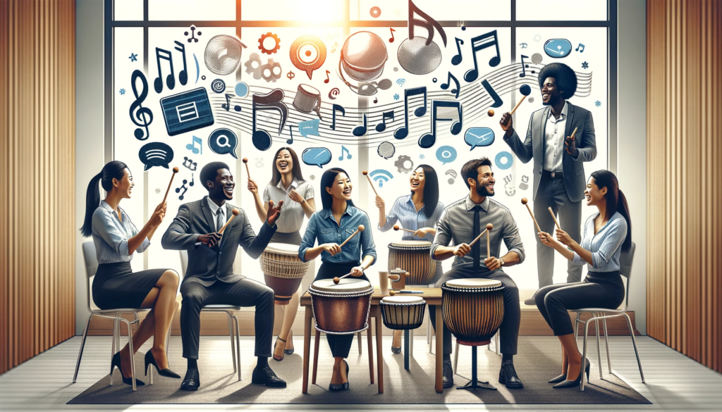 A diverse group of smiling professionals engaged in a team-building drum circle in a bright office setting, symbolically improving workplace communication with music notes and communication icons floating in the air, reflecting a harmonious and collaborative environment.
