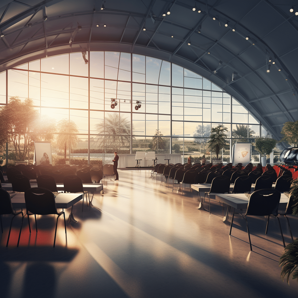 Spacious conference hall with panoramic windows overlooking a natural landscape, set up for an inclusive corporate event with rows of chairs facing a stage where a presenter is standing, bathed in warm sunlight, symbolizing openness and accessibility in a professional setting