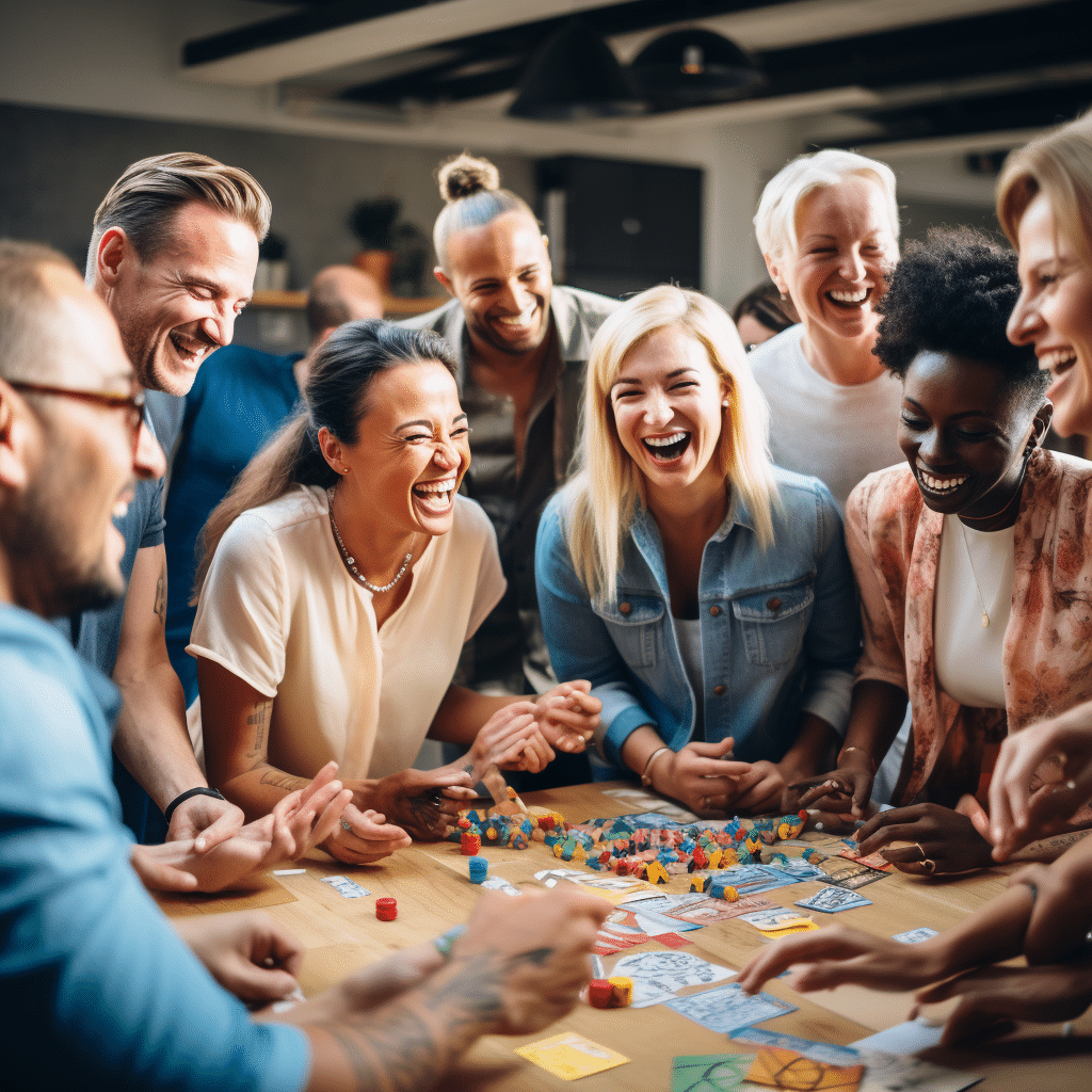 A joyful, diverse group of colleagues participating in a team-building board game, laughing and engaging with each other at an inclusive corporate event, highlighting the spirit of unity and collaboration in a casual office environment.