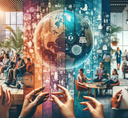 Panoramic banner image depicting inclusivity in corporate events: Top left shows a diverse group brainstorming, top right features a speaker with a sign language interpreter addressing an audience, bottom left highlights hands of various skin tones holding tech devices, and bottom right displays a casual networking scene, all unified by a central semi-transparent globe symbolizing global inclusivity.