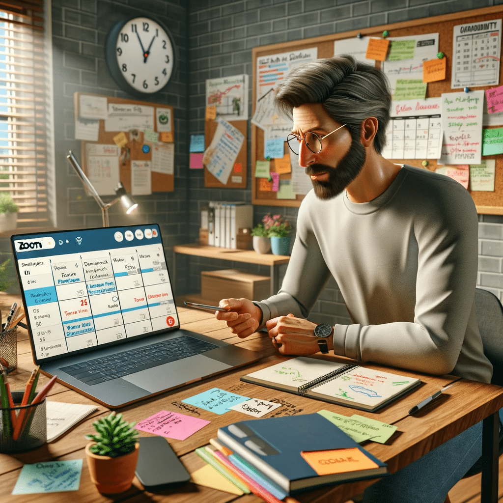 Remote work productivity - image depicting a scene of a team leader preparing for a virtual team building session. The setting and details aim to convey the sense of preparation, dedication, and effort that goes into organizing successful remote team events.
