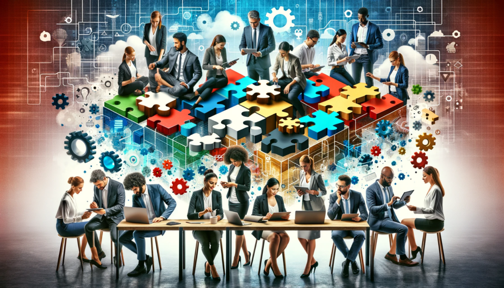 Diverse professionals engaging in strategic team building activities, with a mix of physical puzzle-solving and digital interaction, symbolizing collaborative innovation in a modern corporate environment.
