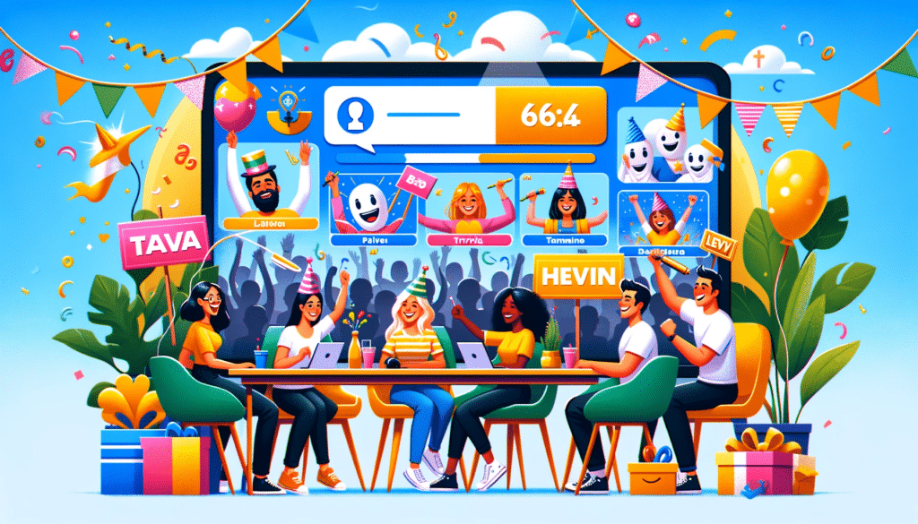 Banner image for 'strengthening remote teams' featuring a vibrant virtual celebration. The scene shows animated characters of various descents and genders participating in a team-building activity, possibly an online quiz or virtual party. Elements like trivia cards, colorful decorations, and smiling avatars on screen are visible, creating a joyful and engaging atmosphere. This image highlights the fun and connectivity essential in enhancing team spirit and collaboration in remote work environments.