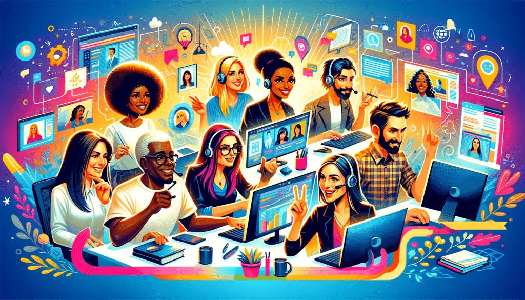 A vibrant banner image for 'Strengthening Virtual Teams,' depicting animated characters of diverse ethnicities – a Caucasian woman, a Hispanic man, a Black woman, and a Middle-Eastern man – engaging in online activities. They are collaborating through computers and virtual meeting screens, symbolizing remote teamwork and the strengthening of virtual teams. The dynamic and colorful background emphasizes a sense of digital connection and energy. The overall tone is lively and professional, suitable for a corporate blog focused on virtual team building.