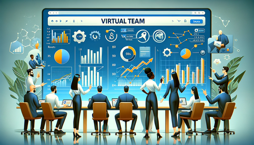 Banner image for 'strengthening remote teams' showing a dashboard with various graphs, charts, and metrics related to team performance and engagement levels. Animated characters of diverse descents and genders are seen analyzing the data, pointing at the screen, and engaged in a constructive discussion. The image conveys a sense of progress and insight, highlighting the role of analytics in enhancing the dynamics of remote team collaboration. The professional and modern design of the dashboard emphasizes the importance of data in driving team success in virtual environments.