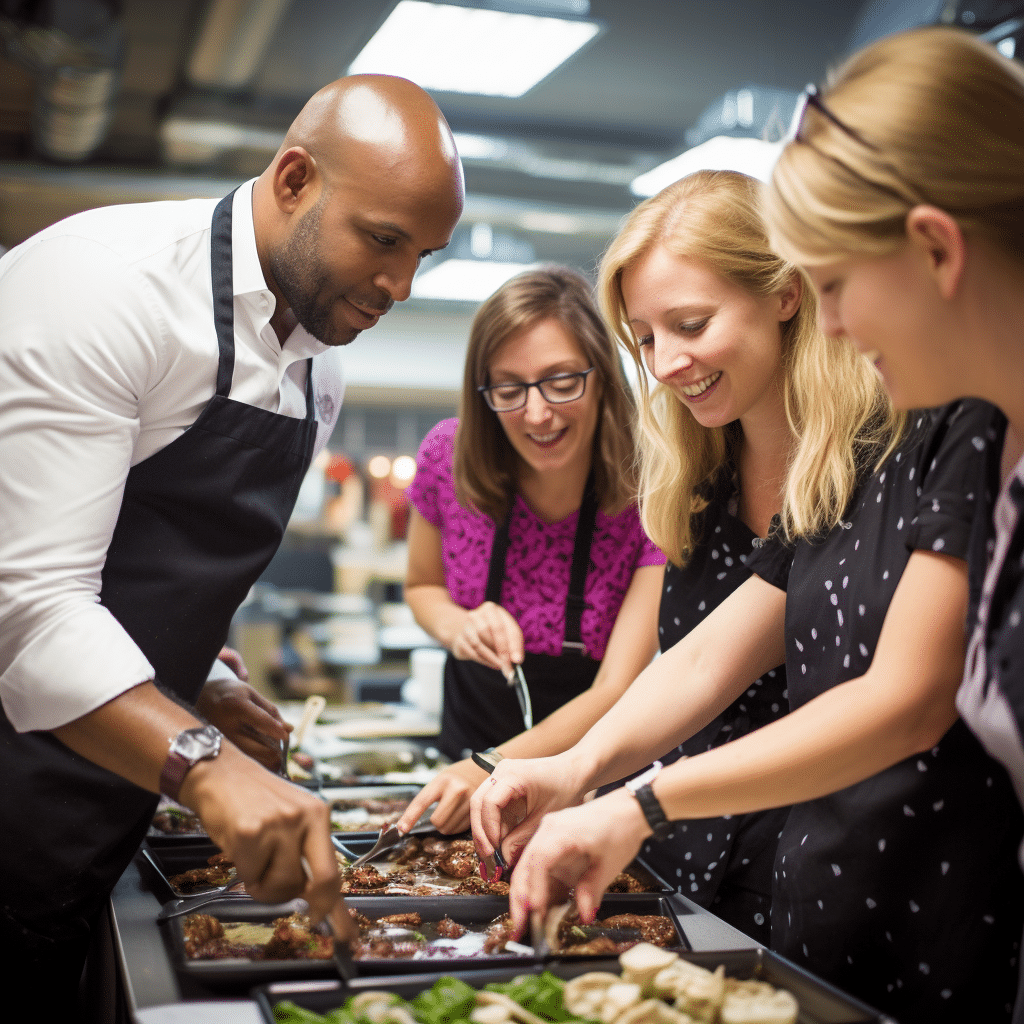 A group of four people engaged in team collaboration activities during a cooking class, with a chef guiding them as they garnish and taste dishes together in a professional kitchen setting.
