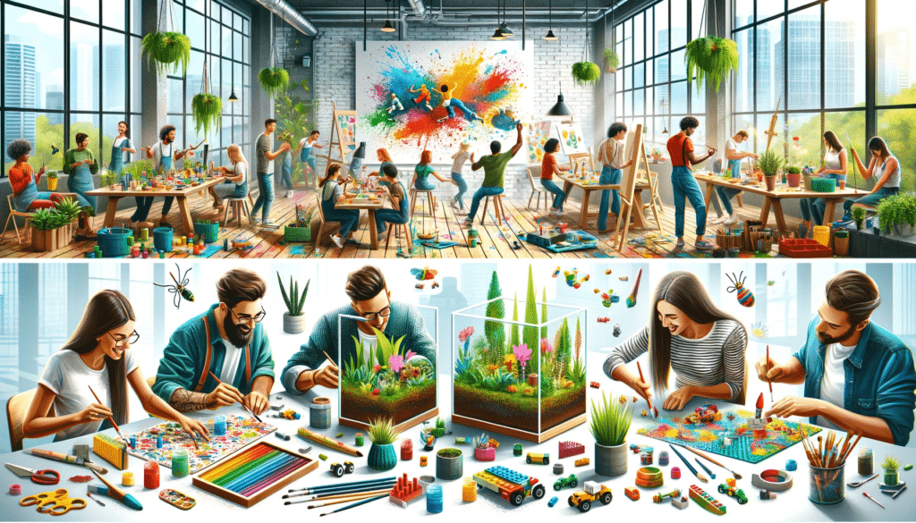 Banner image showing unique employee engagement activities in a modern workspace, featuring a diverse group of people joyfully participating in three different activities: painting a large, colorful canvas during an Art Attack session, collaboratively building an imaginative Lego model, and carefully crafting small, intricate terrariums in a Terrarium Making Masterclass, reflecting a lively atmosphere of teamwork and creativity.
