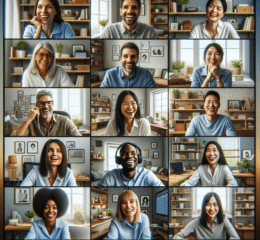remote work productivity - image depicting a diverse group of professionals participating in a virtual Zoom meeting. Each window shows a different team member in their home office setup, capturing the essence of a lively and interactive remote work environment.