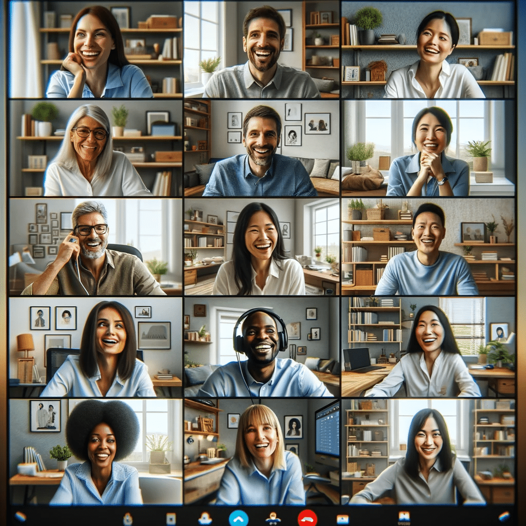 remote work productivity -  image depicting a diverse group of professionals participating in a virtual Zoom meeting. Each window shows a different team member in their home office setup, capturing the essence of a lively and interactive remote work environment.