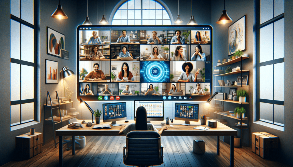 Remote work productivity - Image showcasing a diverse group of professionals in a virtual meeting, representing a global team. Image captures the dynamic and collaborative atmosphere of a remote work environment.