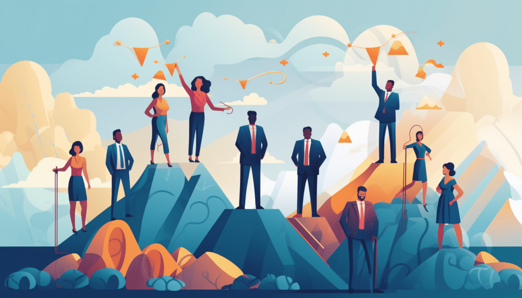 An illustration of a diverse group of professionals standing on different levels of a stylised mountain range, symbolising progression in leadership and management development. Some individuals are at the peak holding flags, while others are climbing or standing proudly, representing various stages of career advancement and professional growth within the concept of leadership and management development.
