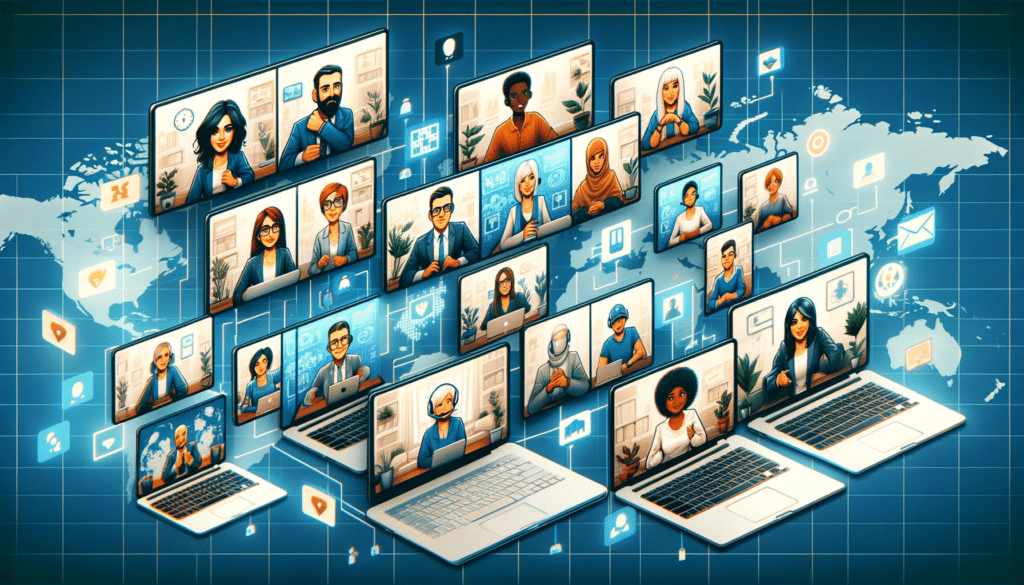 Virtual team inclusivity illustrated in a corporate blog banner, featuring diverse animated characters engaged in team-building activities on laptops, with a global map backdrop.